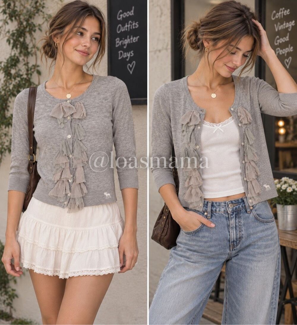 VTG Abercrombie & Fitch Sz M Chiffon Ruffle Front Heather Gray Romantic Y2K